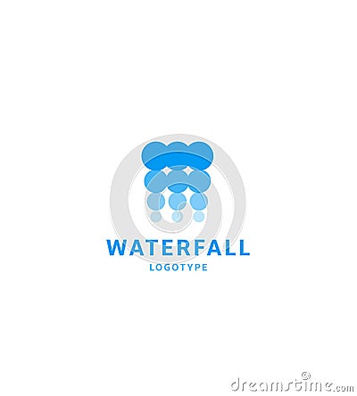 Waterfall icon, water abstract logo template, blue bubbles, hydroelectric power station, vector illustration on white Vector Illustration