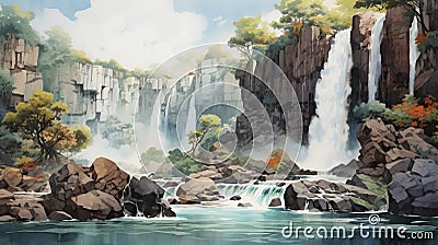 Waterfall Of India: Realistic Anime-inspired Watercolor Painting Stock Photo