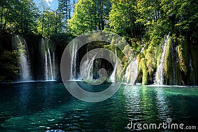 Waterfall inforest, Plitvice, Croatia Stock Photo