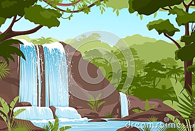 Waterfall jungle landscape with rock cascade, river streams Vector Illustration