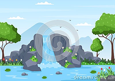 Waterfall Jungle Landscape of Tropical Natural Scenery with Cascade of Rocks, River Streams or Rocky Cliff in Flat Illustration Vector Illustration