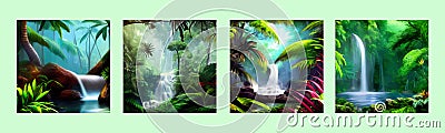 Waterfall Jungle Landscape Vector illustration. Tropical natural scenery Vector Illustration