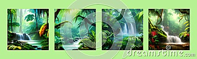 Waterfall Jungle Landscape Vector illustration. Tropical natural scenery Vector Illustration