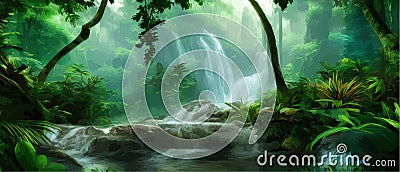 Waterfall Jungle Landscape Vector illustration. Tropical natural scenery Vector Illustration