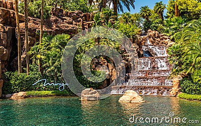 A waterfall and lagoon of the Mirage Hotel and Casino Editorial Stock Photo