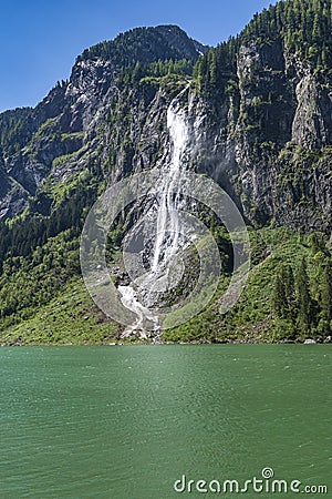 Waterfall on the Lake Stillup, Zillertal Alps, Austria, Tyrol Stock Photo