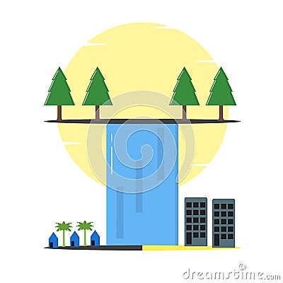 Waterfall with landscape trees, houses, buildings illustration - vector Cartoon Illustration