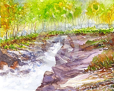Waterfall landscape watercolor painted Stock Photo