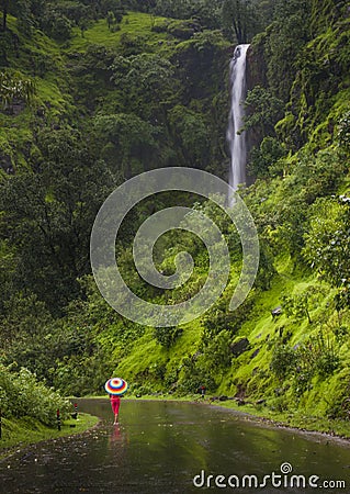 Waterfall and lush green mountains near Satara,Maharashtra,India Editorial Stock Photo