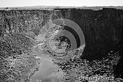 Waterfall Malad River Devil`s Washbowl Malad Gorge Hagerman Idaho horizontal monochrome, black and white Stock Photo