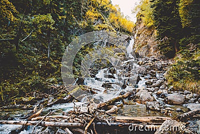 Waterfall and mountain river with rocks in autumn forest Stock Photo