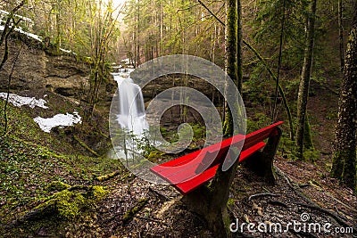 Waterfall at mountain river in spring Stock Photo