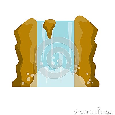 Waterfall on the mountain. Rocks and water. Tropical island, Southern landscape. Cartoon flat illustration. Vector Illustration