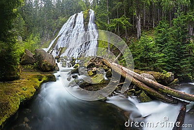 Waterfall mountain view close up. Mountain river waterfall landscape. River scene. Forest waterfall view. Stock Photo