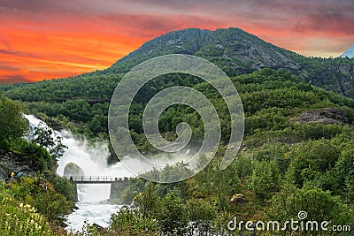 Waterfall near bridge, Norway, National park Stock Photo