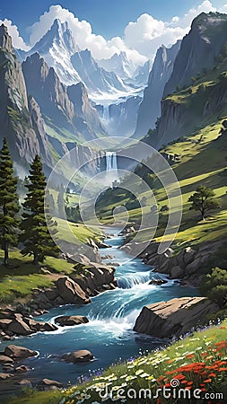 Waterfall panorama natural landscape wallpaper background AI Generated Stock Photo