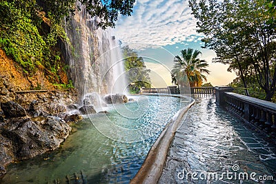 Waterfall in Parc de la Colline du Chateau. Nice, Cote d`Azur, France Stock Photo