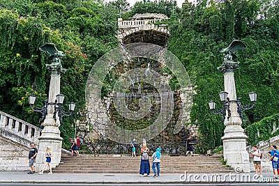 Waterfall park mountain statue stone in Budapest, Hungary Editorial Stock Photo