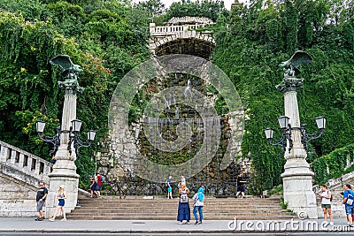 Waterfall park mountain statue stone in Budapest, Hungary. Editorial Stock Photo