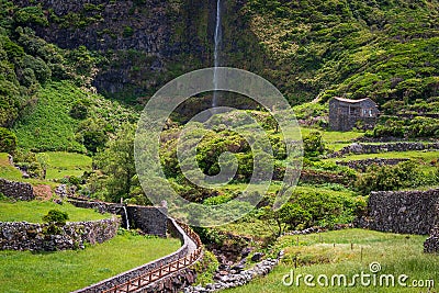 Waterfall Poco do Bacalhau, Flores, Azores Stock Photo