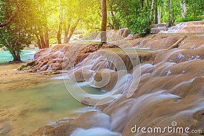 Waterfall in rain forest (Tad Sae Waterfalls at Luang prabang, L Stock Photo