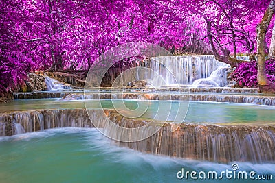 Waterfall in rain forest (Tat Kuang Si Waterfalls Stock Photo
