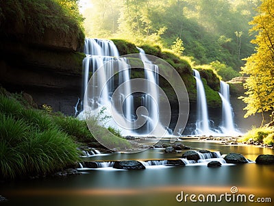Waterfall reflections Get low to capture the reflection in the water Soft made with generative ai Stock Photo