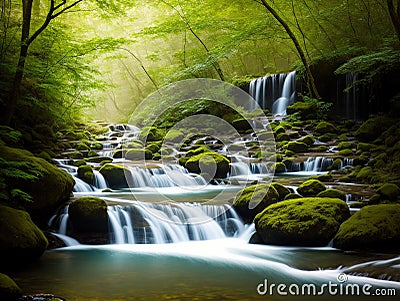 Waterfall reflections Get low to capture the reflection in the water Soft made with generative ai Stock Photo