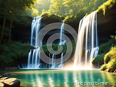 Waterfall reflections Get low to capture the reflection in the water Soft made with generative ai Stock Photo