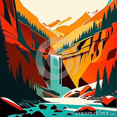Waterfall in Rocky Mountain National Park, Colorado. Vector illustration. Generative AI Cartoon Illustration