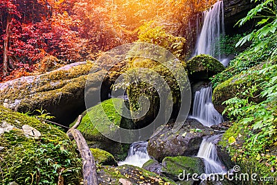 Waterfall scene at Rom Klao Pharadon Waterfalls in rainforest Thailand Stock Photo