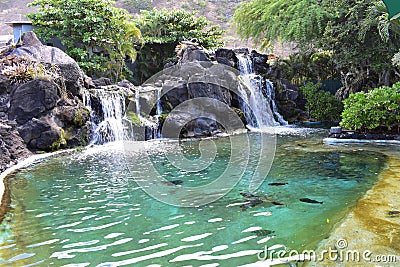 Waterfall sliding into a peaceful pool amidst a tropical rain forest Stock Photo