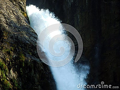 Waterfall Stauber or Wasserfall StÃ¤uber, Brunnibach stream in the Alpine Valley of Maderanertal Stock Photo