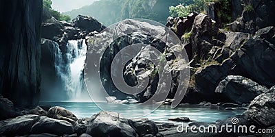 Waterfall lava igneous rock flowing to river valley background Stock Photo