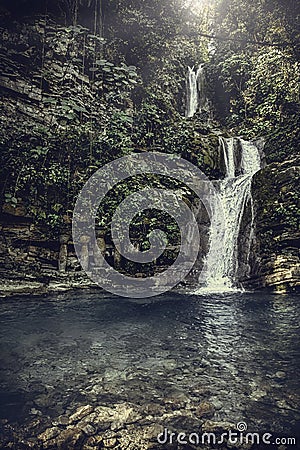 waterfall in surreal architecture,beautiful old castle, beautiful structures, jungle and waterfalls in the surreal botanical Editorial Stock Photo