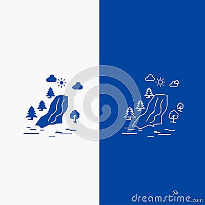 waterfall, tree, pain, clouds, nature Line and Glyph web Button in Blue color Vertical Banner for UI and UX, website or mobile Vector Illustration