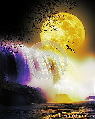 Waterfall under the Full Moon Stock Photo