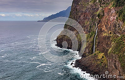 Waterfall Veu da Noiva (Bride's veil) - Madeira, Portugal - nature background Stock Photo