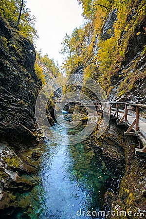 Waterfall at the Vintgar gorge, beauty of nature, with river Radovna flowing through, near Bled, Slovenia Stock Photo