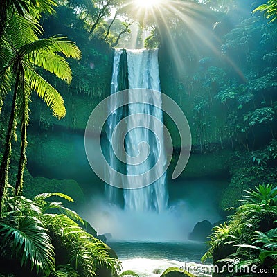 waterfall water nature forest river landscape stream Cartoon Illustration