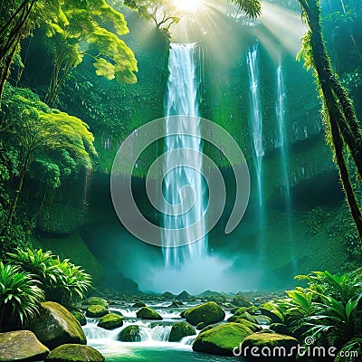 waterfall water nature forest river landscape stream Cartoon Illustration