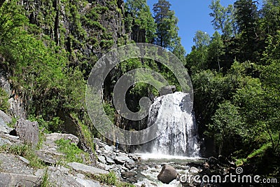 Waterfall At wild coast Teletskoe lake, Altai State Natural Bio Stock Photo
