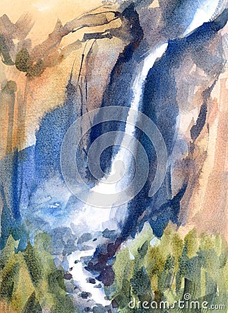 Waterfall Yosemite Falls Landscape Watercolor Hand Painted Illustration Stock Photo