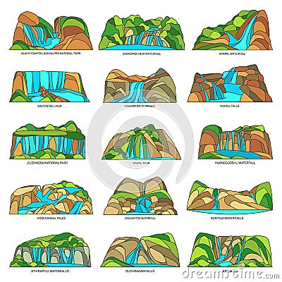 Waterfalls or falls natural sights, landscape set Vector Illustration