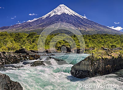 Waterfalls in front of Volcano Osorno Chile Stock Photo