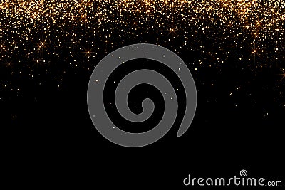 Waterfalls of golden glitter sparkle bubbles champagne particles stars on black background, happy new year holiday Stock Photo
