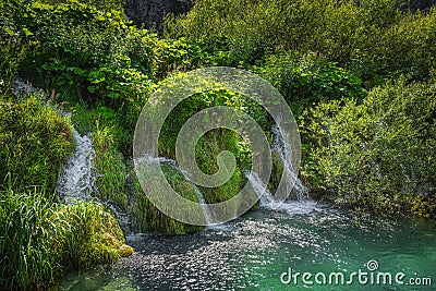 Waterfalls surrounded by tall grass flowing in to turquoise coloured lake, Plitvice Lakes Stock Photo