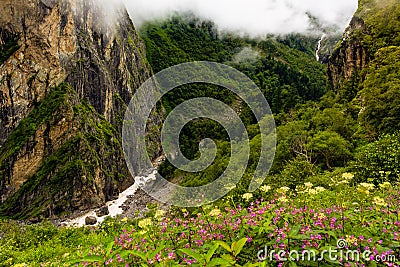 Waterfalls at Valley of Flowers, Nanda Devi biosphere national park. Stock Photo