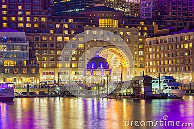 Waterfront of Boston at night Stock Photo