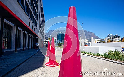 Tall and pink construction cones standing in the Silo District in Cape Town. Editorial Stock Photo